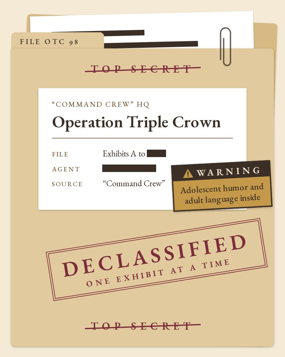The Declassified Intel file: a manila folder labeled “Command Crew” HQ, Operation Triple Crown, with the agent’s name blacked out and the source given as “Command Crew,” Top secret struck through at the top and bottom, a dark red stamp reading Declassified, one exhibit at a time, and a warning label reading Warning: adolescent humor and adult language inside.