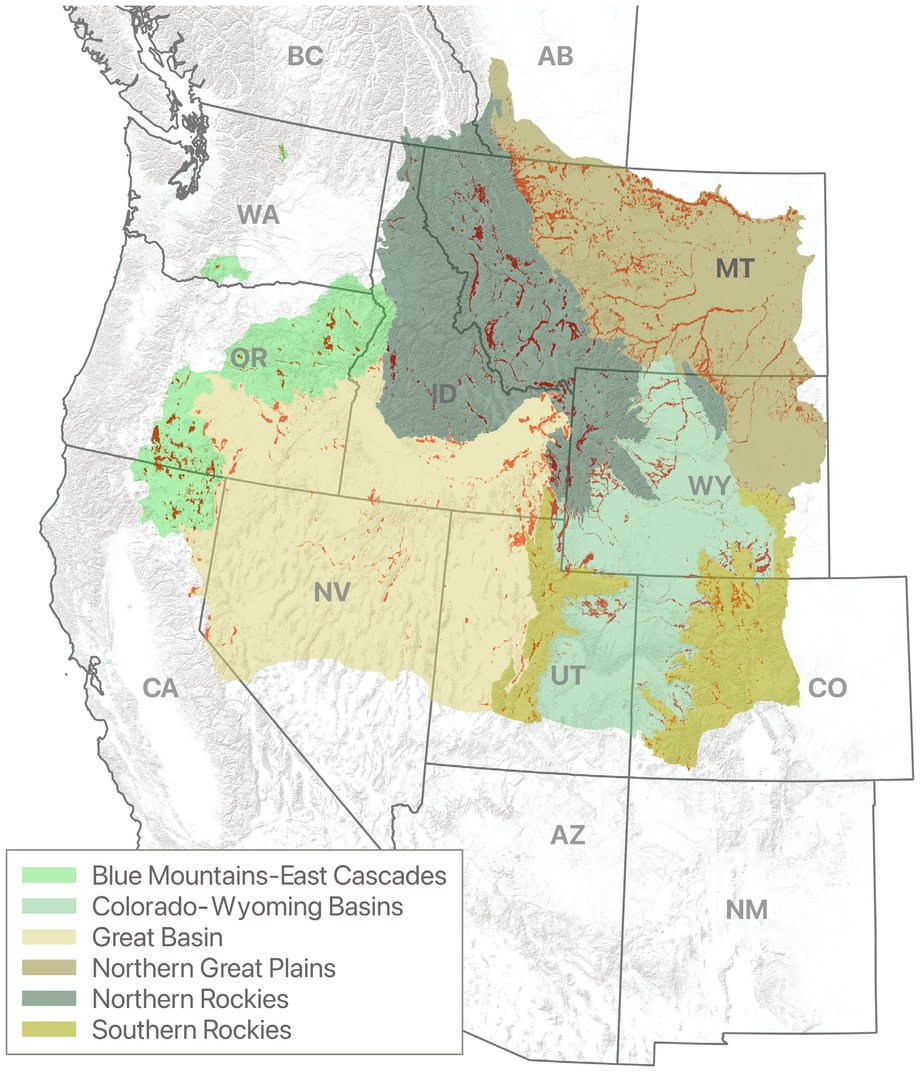A map of the western United States and southern Canada with six ecoregions shaded in greens and tans and the core summer range of Greater Sandhill Cranes marked in small red patches within them, most of the red in Montana, Wyoming, and Idaho.